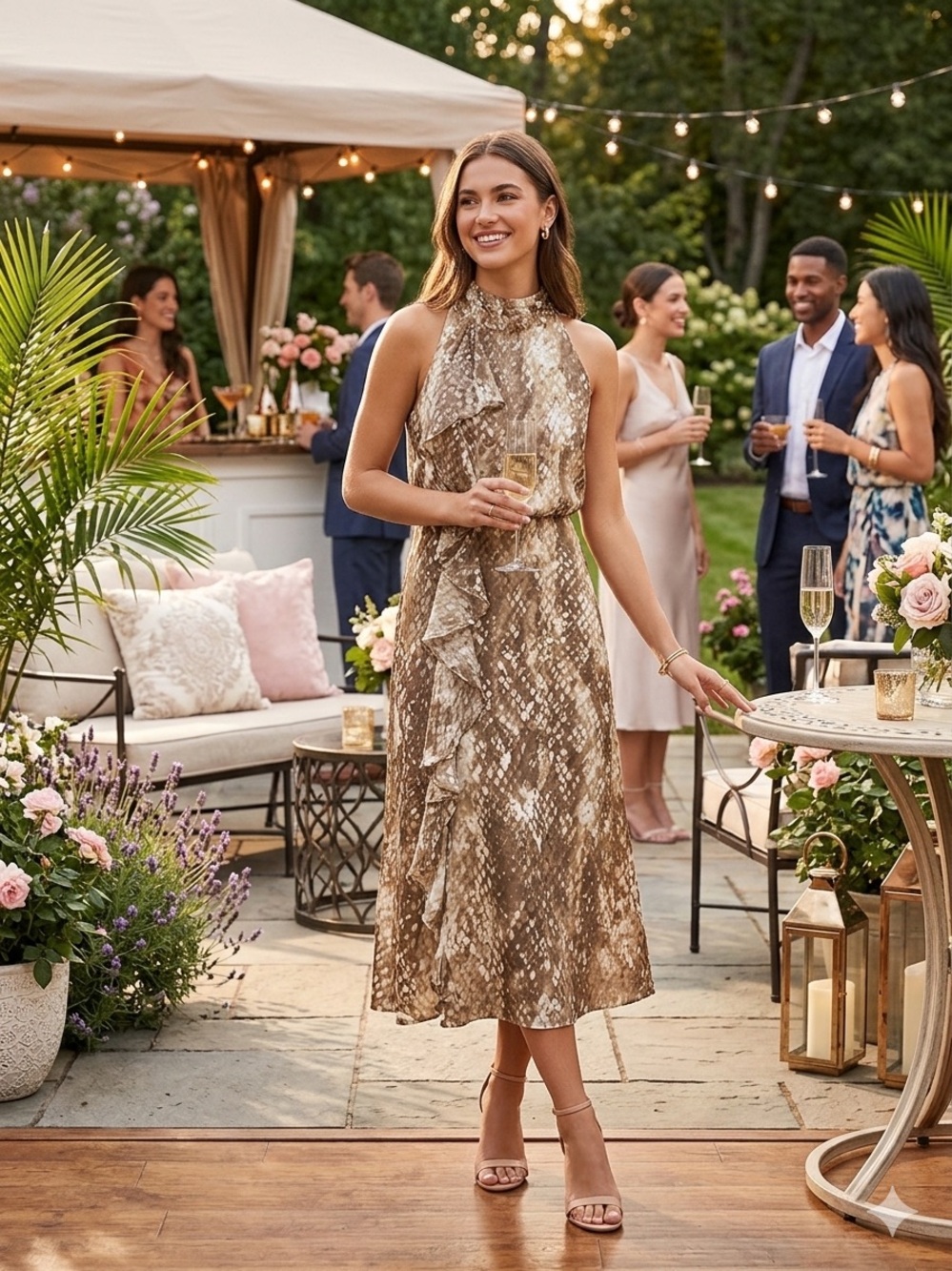 Snakeskin Print Sleeveless Dress with Long Ruffle